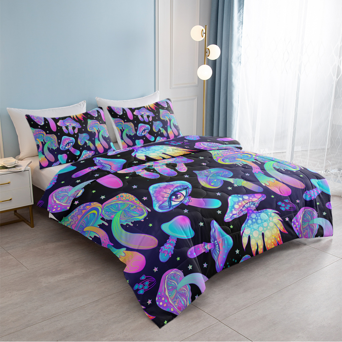 Mushroom Duvet Cover Set 3 Pieces Colorful Black Pattern Mushroom Comforter Cover Set, Soft Cartoon Mushroom Girls Boys Bedding Set for All Seasons (Blue Mushroom)