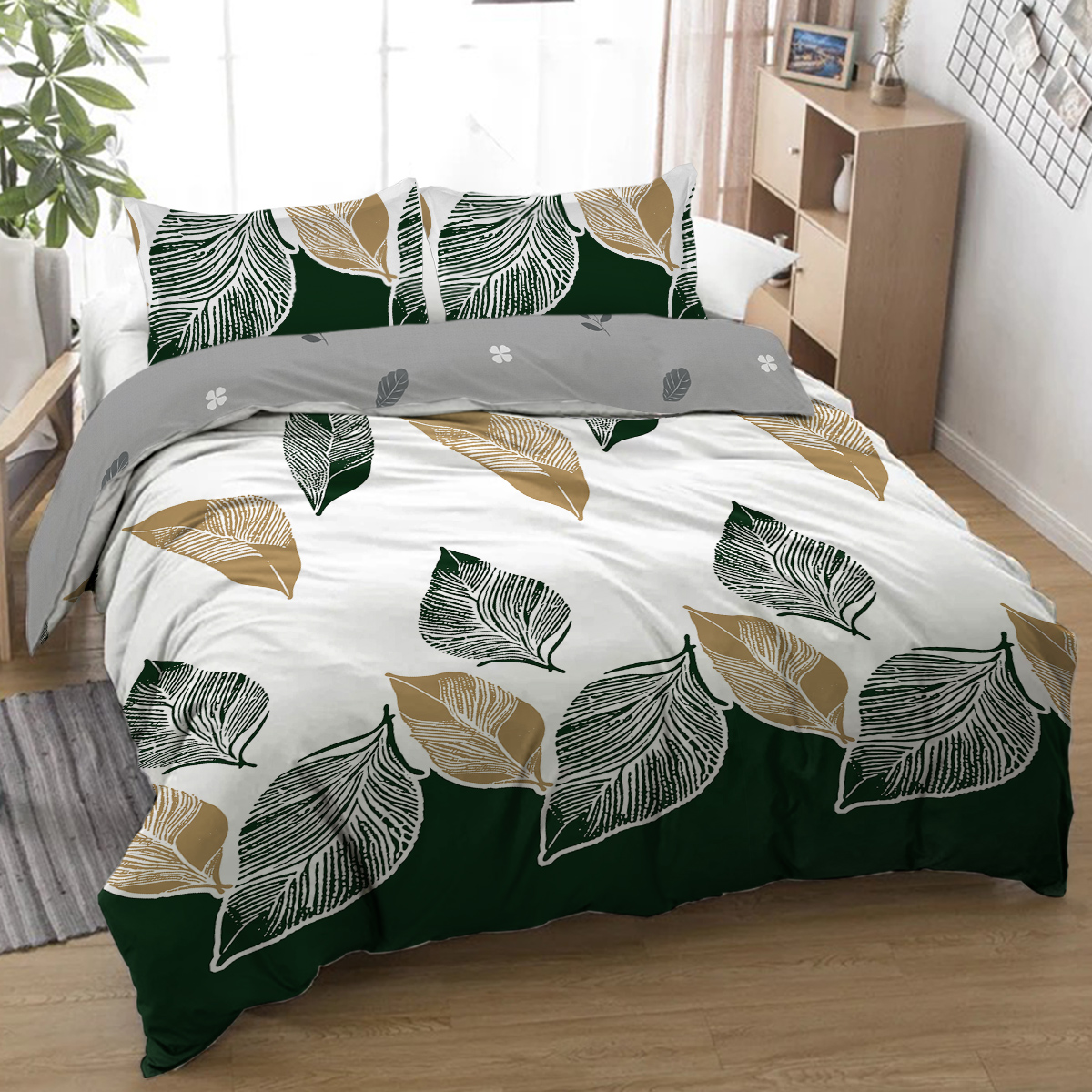 Green Gold Tropical Duvet Cover Set Botanical Palm Leaves Pattern Bedding Sets 3 Piece Hawaiian Plant Comforter Cover King Size