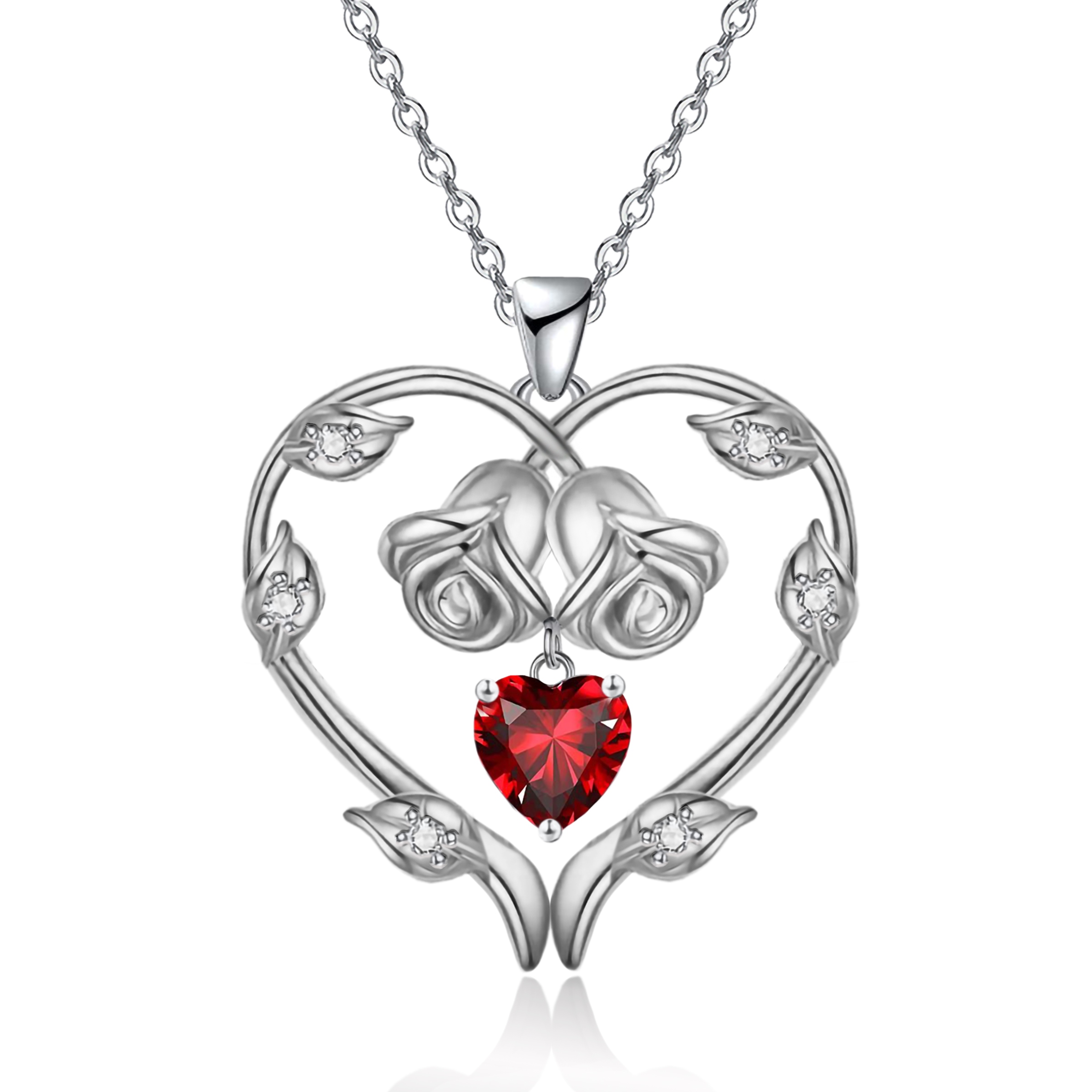 Emma Manor 14k White Gold Overlay 5A Heart Cubic Zirconia Eternal Rose Heart Pendant Necklace for Women