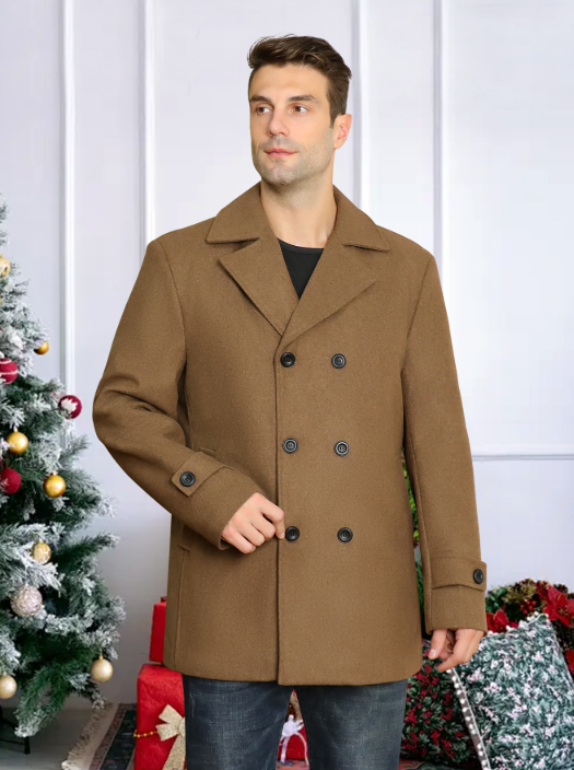 FLY Men’s Double-Breasted Wool Coat – Classic Gray Long Overcoat, Winter Warm Business & Casual Style