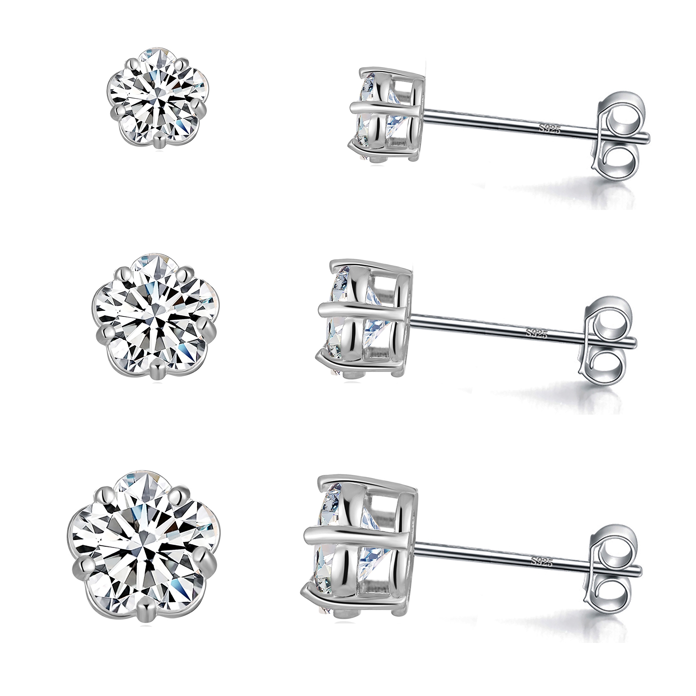 Emma Manor 3 Pairs Stud Earrings Set 925 Sterling Silver 5A  Blossom Cubic Zirconia Stud Earring for Women