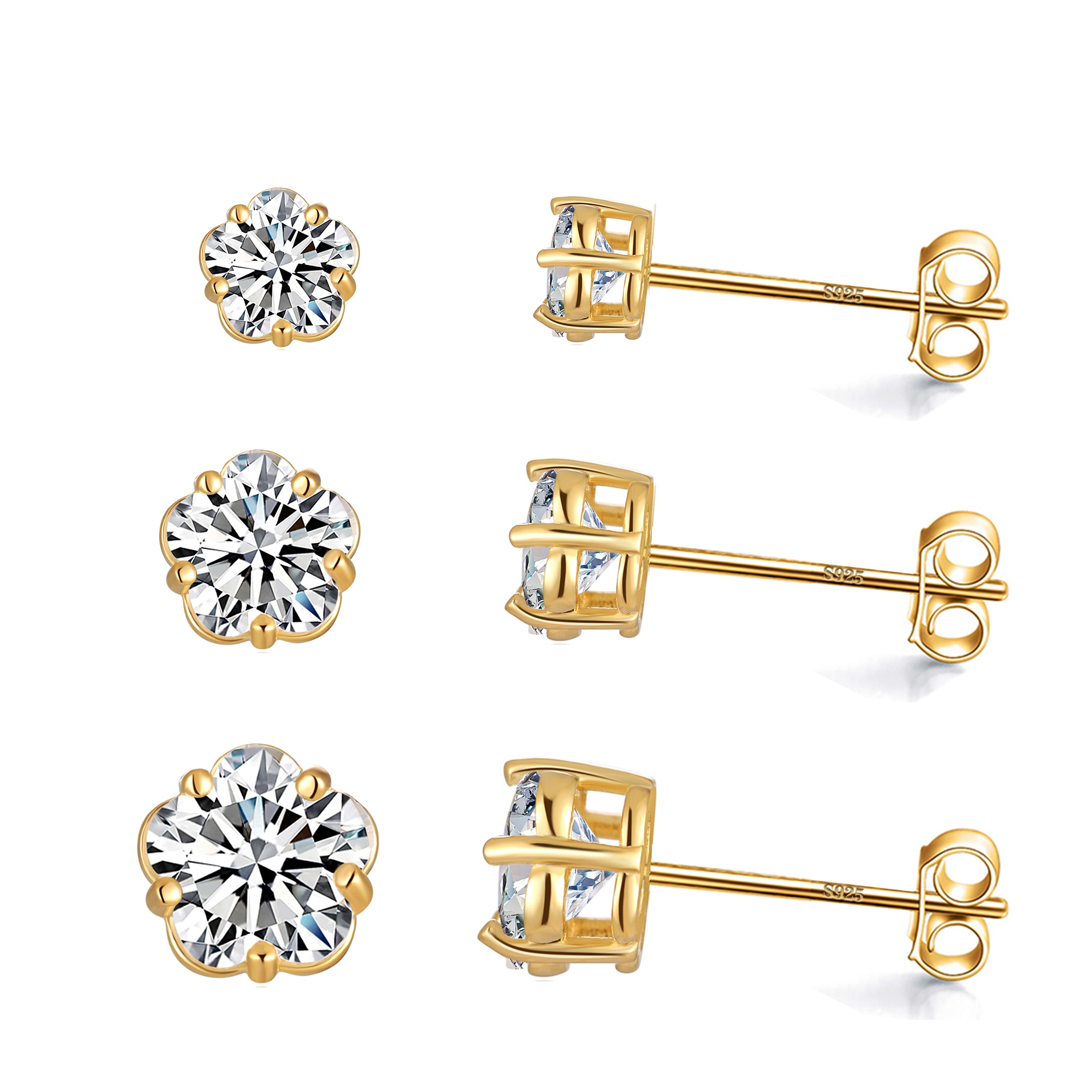 Emma Manor 3 Pairs Stud Earrings Set 925 Sterling Silver 5A  Blossom Cubic Zirconia Stud Earring for Women