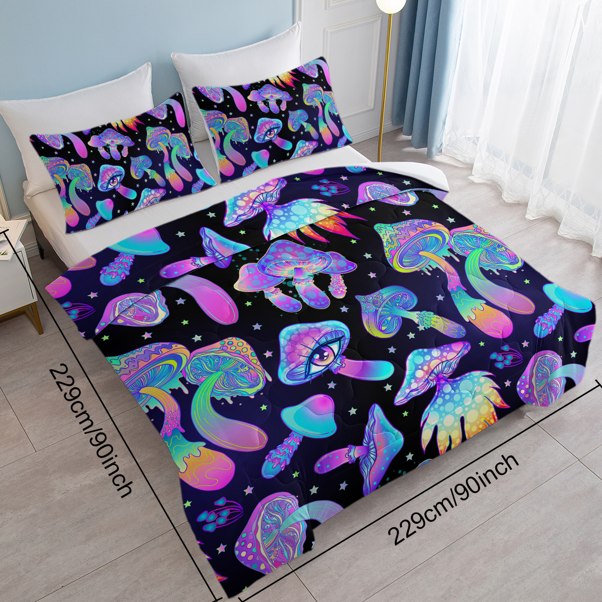 Mushroom Duvet Cover Set 3 Pieces Colorful Black Pattern Mushroom Comforter Cover Set, Soft Cartoon Mushroom Girls Boys Bedding Set for All Seasons (Blue Mushroom)