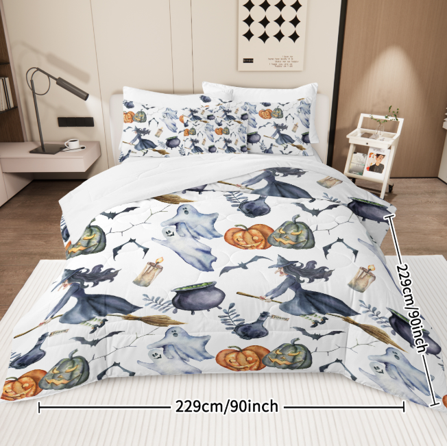8PCS Halloween Comforter Set Twin Full Queen King, Witch Pattern Bed in A Bag Bedding with Comforter Sheet Sham - 1 Comforter, 2 Pillow Shams, 1 Flat Sheet, 1 Fitted Sheet, 1 Cushion Cover, 2 Pillowcases