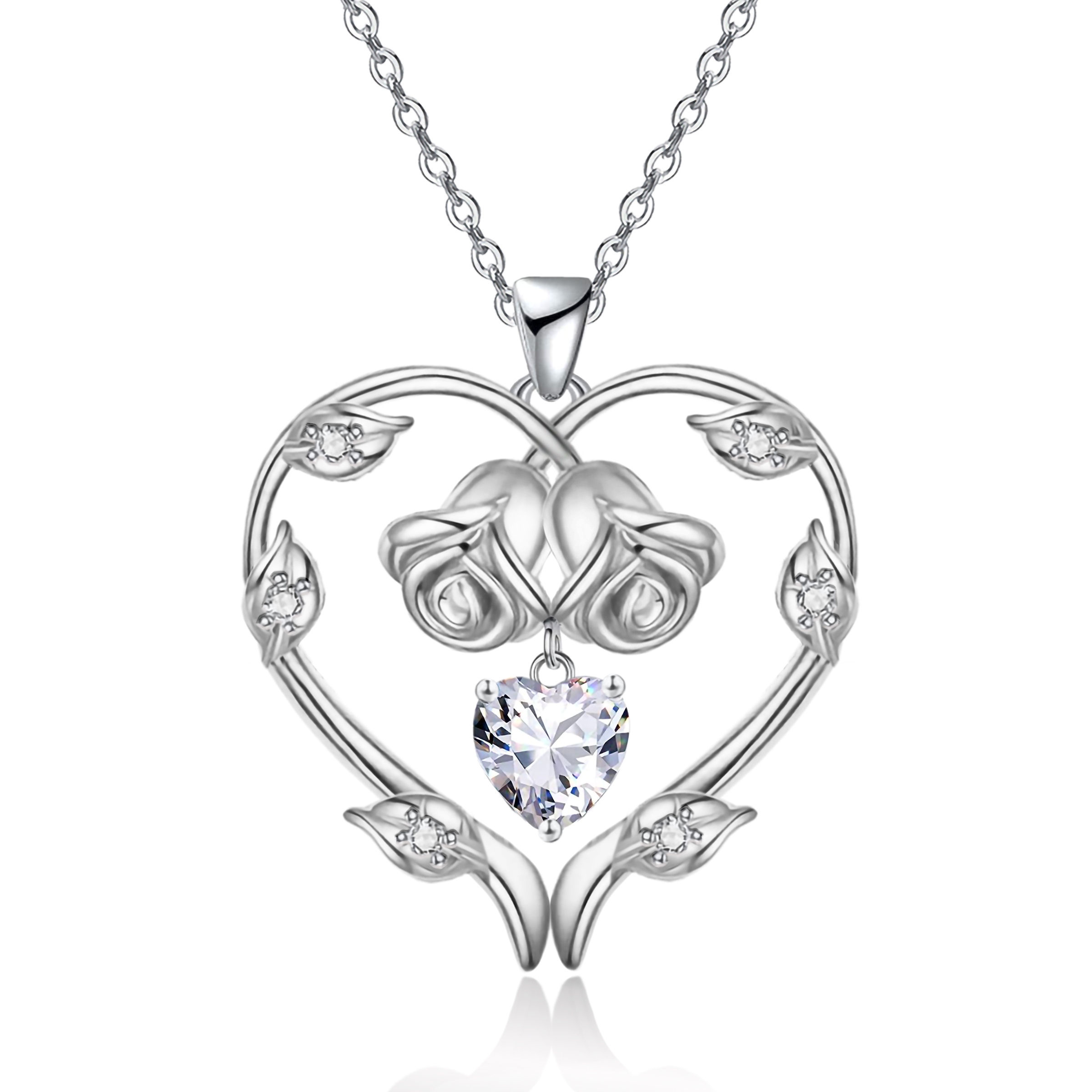 Emma Manor 14k White Gold Overlay 5A Heart Cubic Zirconia Eternal Rose Heart Pendant Necklace for Women