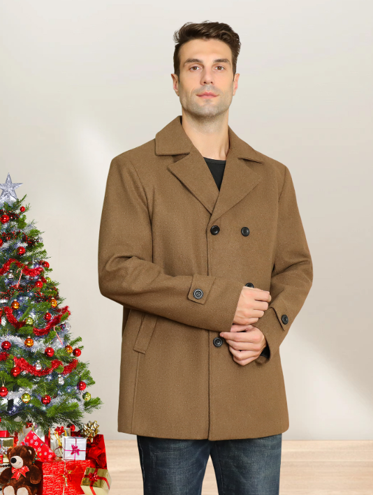 FLY Men’s Double-Breasted Wool Coat – Classic Gray Long Overcoat, Winter Warm Business &amp; Casual Style