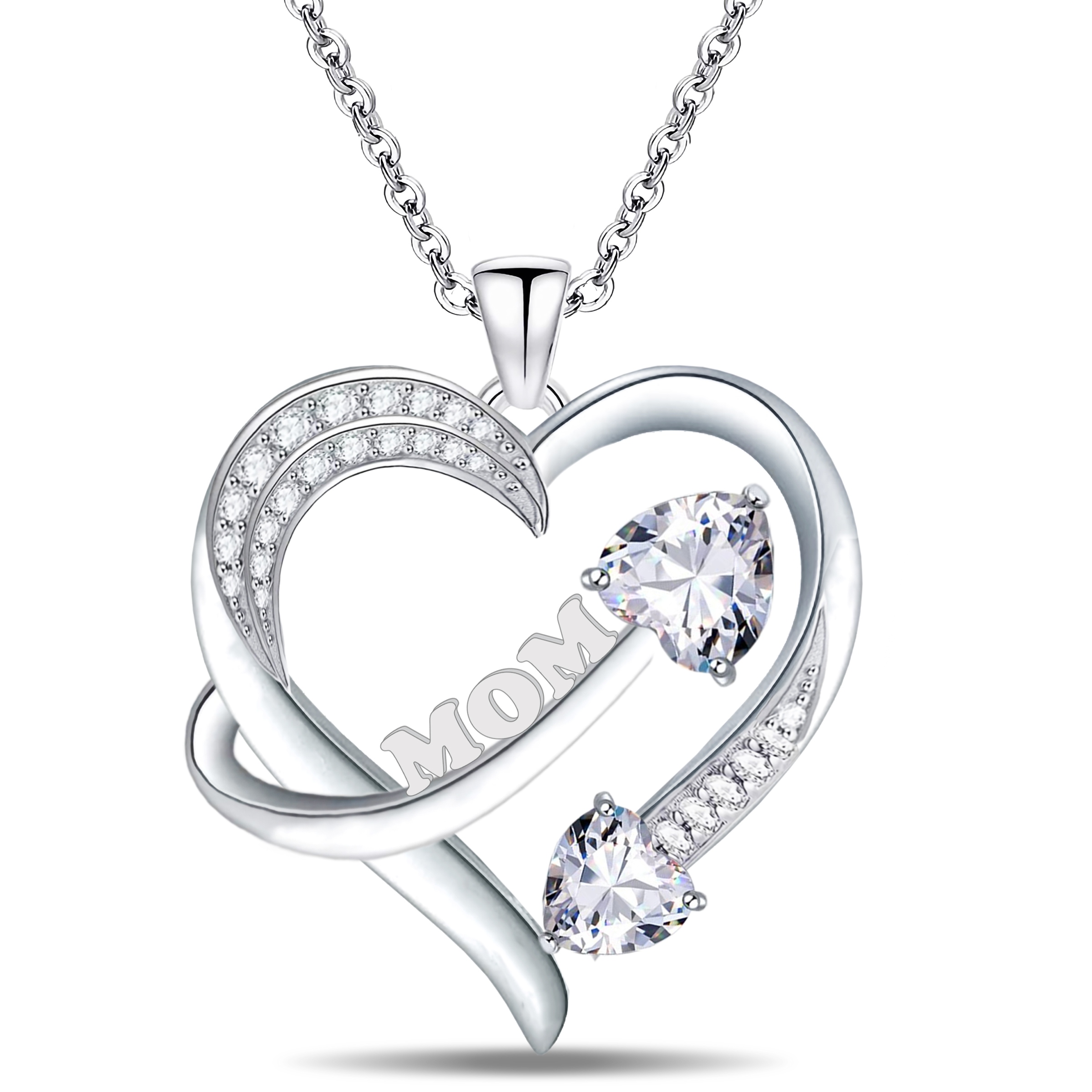Emma Manor Mom Necklace 14k White Gold Plated 5A Cubic Zirconia Heart Pendant Necklace for Women