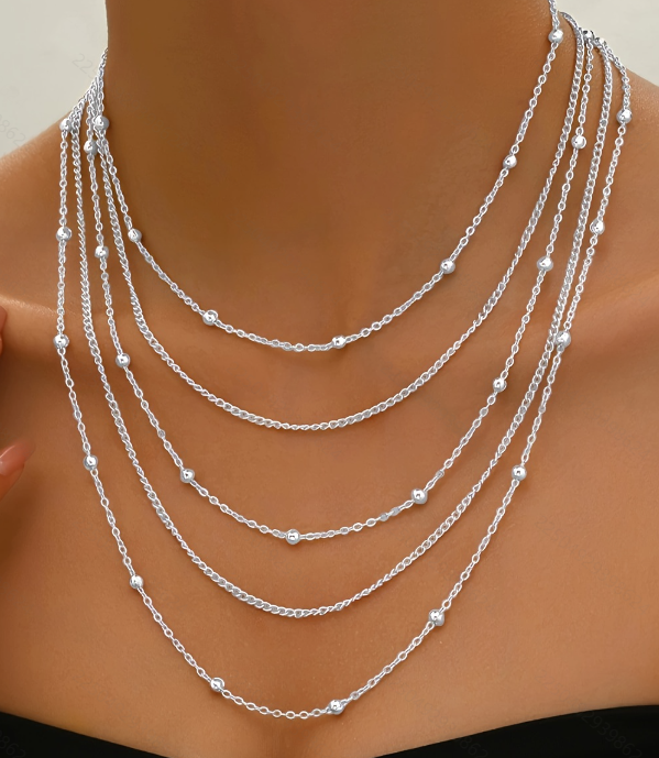 Lxalry   Plated Multi-Layer Thin Chain Necklace With Round Beads, Handmade Designer Jewelry For Women, Hypoallergenic Durable Fashion Accessories For Daily Party Date