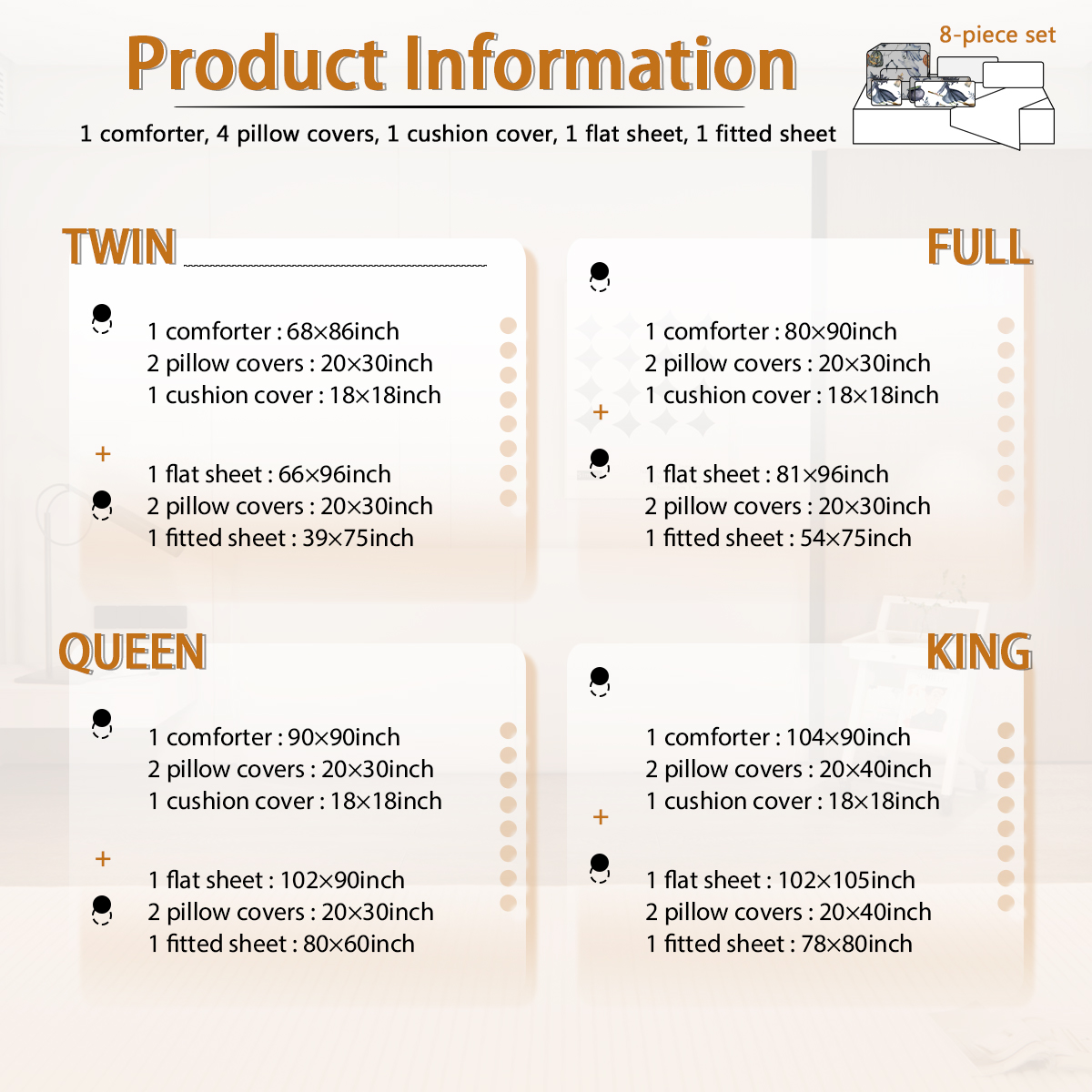 8PCS Halloween Comforter Set Twin Full Queen King, Witch Pattern Bed in A Bag Bedding with Comforter Sheet Sham - 1 Comforter, 2 Pillow Shams, 1 Flat Sheet, 1 Fitted Sheet, 1 Cushion Cover, 2 Pillowcases