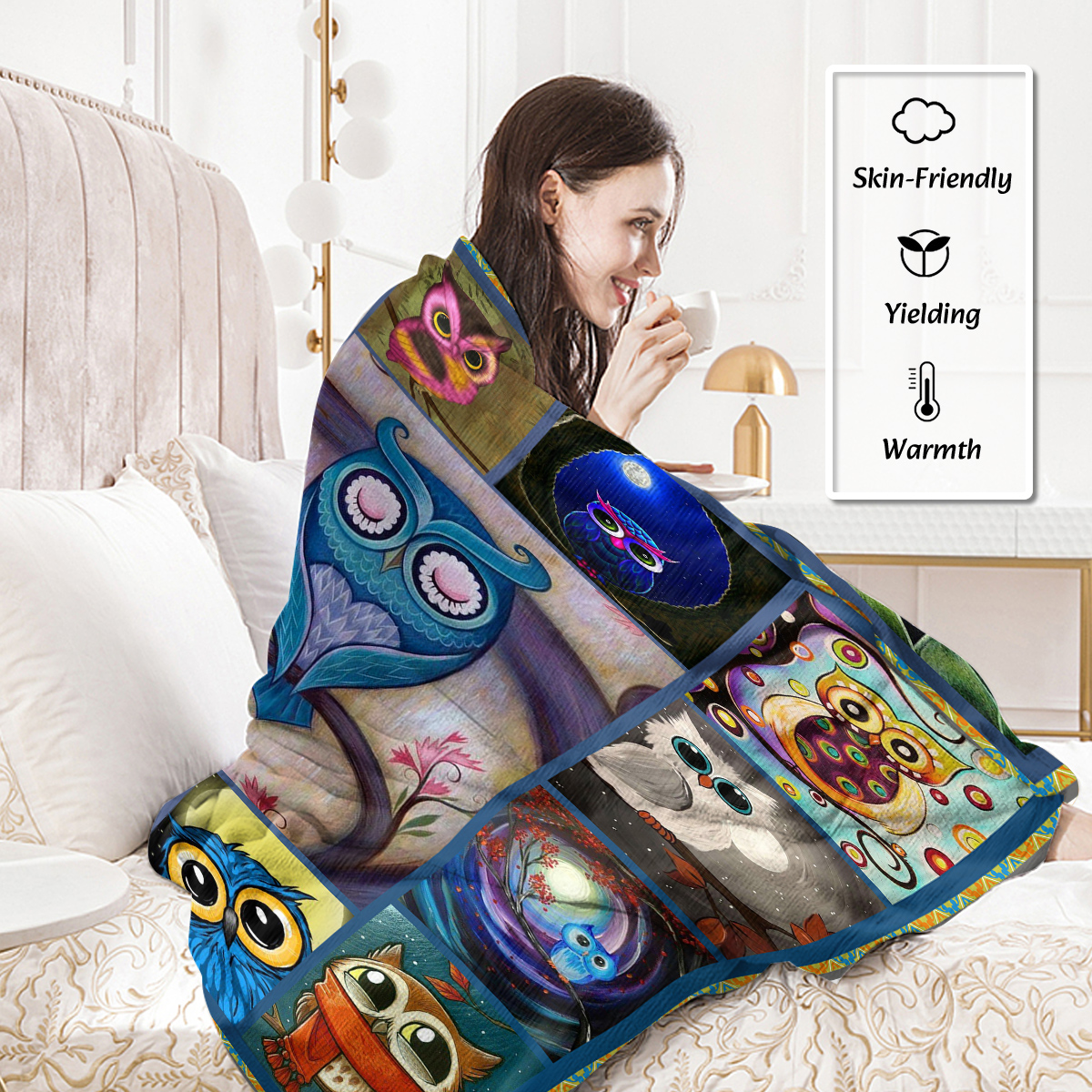 Moon Owl Flannel Throw Blanket Cozy Fuzzy Warm Flannel Blanket Cute Night Owl Blanket Soft Plush Throw Blanket for Owl Lovers 30*40 Inches 50*60 Inches