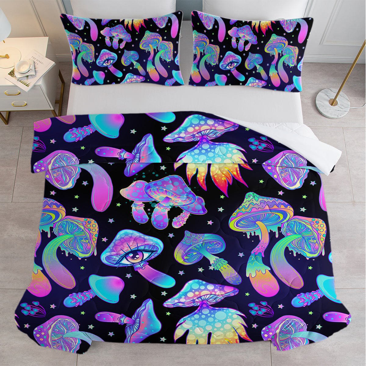 Mushroom Duvet Cover Set 3 Pieces Colorful Black Pattern Mushroom Comforter Cover Set, Soft Cartoon Mushroom Girls Boys Bedding Set for All Seasons (Blue Mushroom)