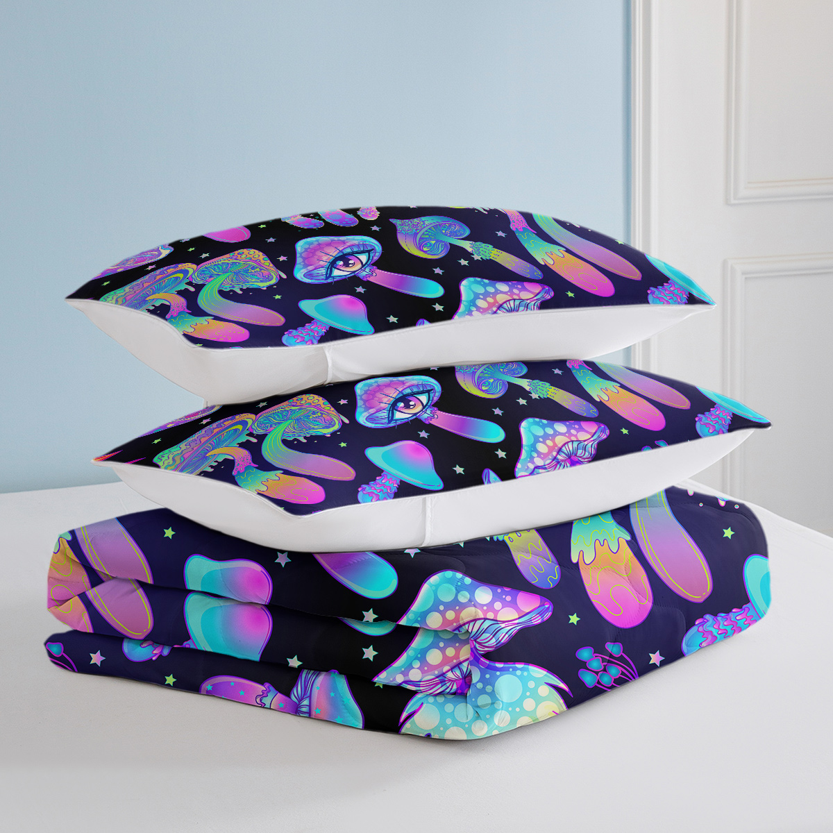 Mushroom Duvet Cover Set 3 Pieces Colorful Black Pattern Mushroom Comforter Cover Set, Soft Cartoon Mushroom Girls Boys Bedding Set for All Seasons (Blue Mushroom)