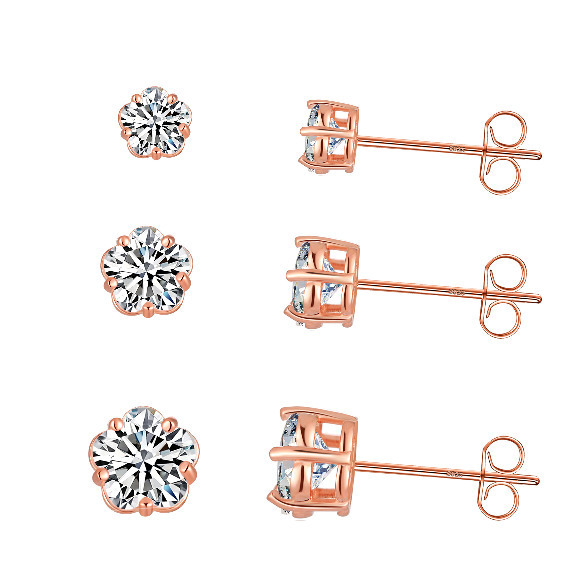 Emma Manor 3 Pairs Stud Earrings Set 925 Sterling Silver 5A  Blossom Cubic Zirconia Stud Earring for Women
