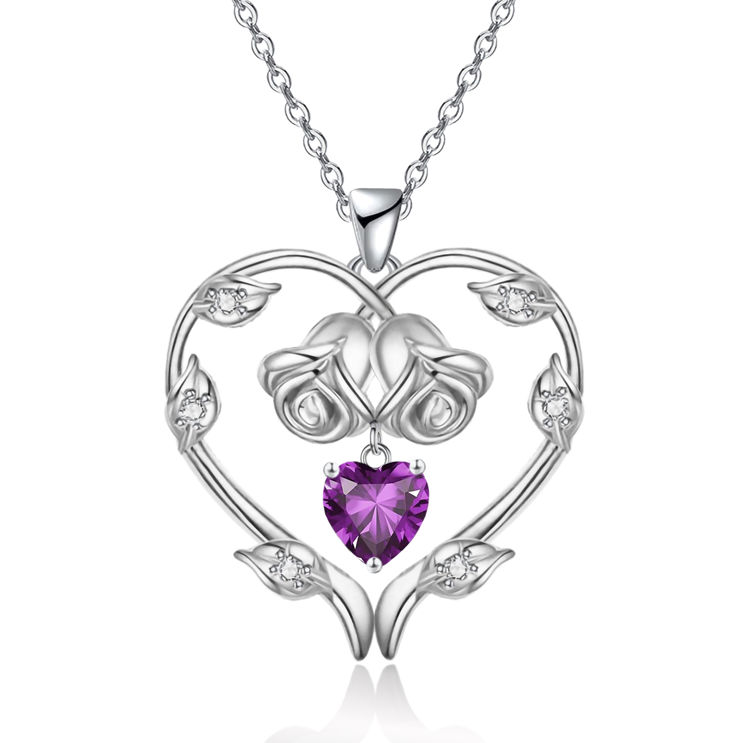 Emma Manor 14k White Gold Overlay 5A Heart Cubic Zirconia Eternal Rose Heart Pendant Necklace for Women