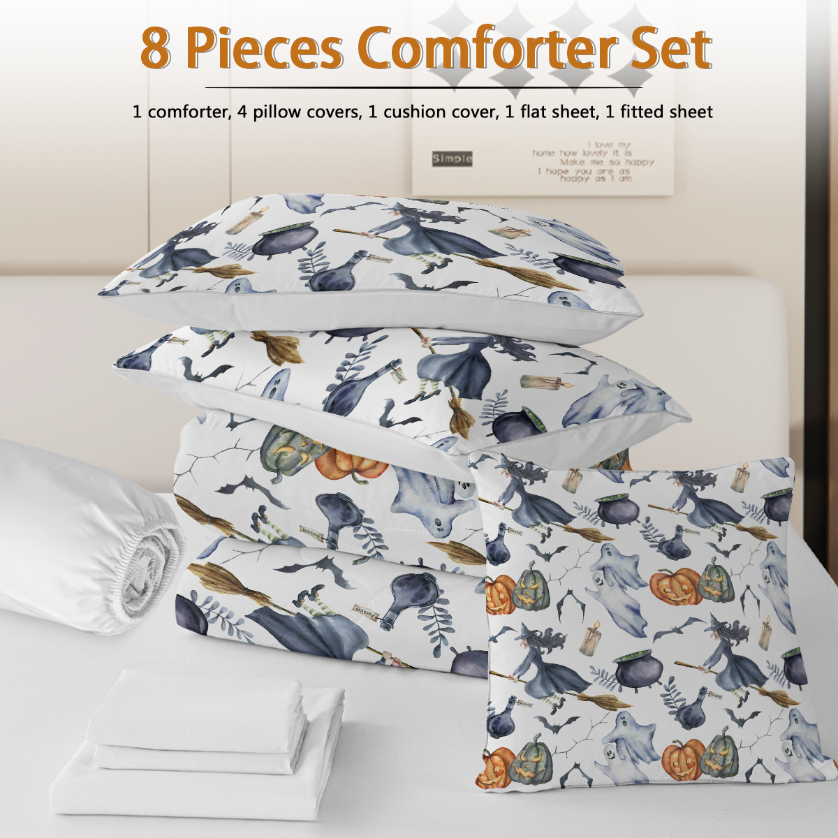 8PCS Halloween Comforter Set Twin Full Queen King, Witch Pattern Bed in A Bag Bedding with Comforter Sheet Sham - 1 Comforter, 2 Pillow Shams, 1 Flat Sheet, 1 Fitted Sheet, 1 Cushion Cover, 2 Pillowcases