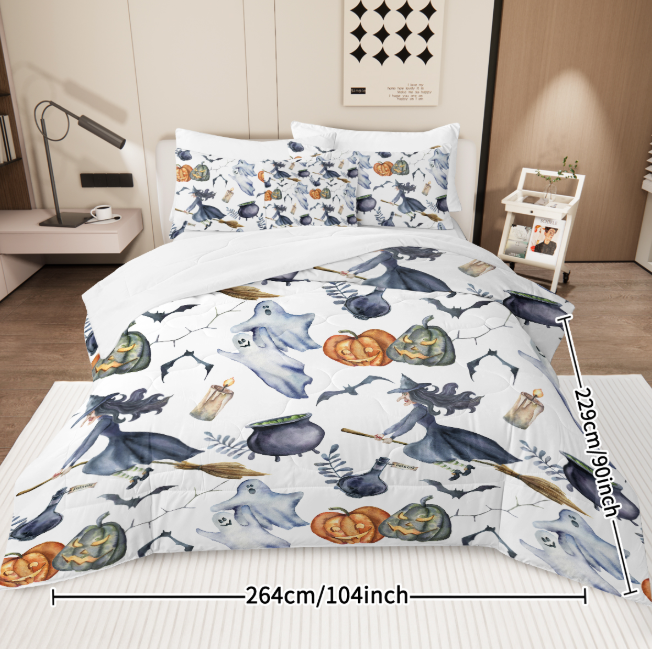 8PCS Halloween Comforter Set Twin Full Queen King, Witch Pattern Bed in A Bag Bedding with Comforter Sheet Sham - 1 Comforter, 2 Pillow Shams, 1 Flat Sheet, 1 Fitted Sheet, 1 Cushion Cover, 2 Pillowcases