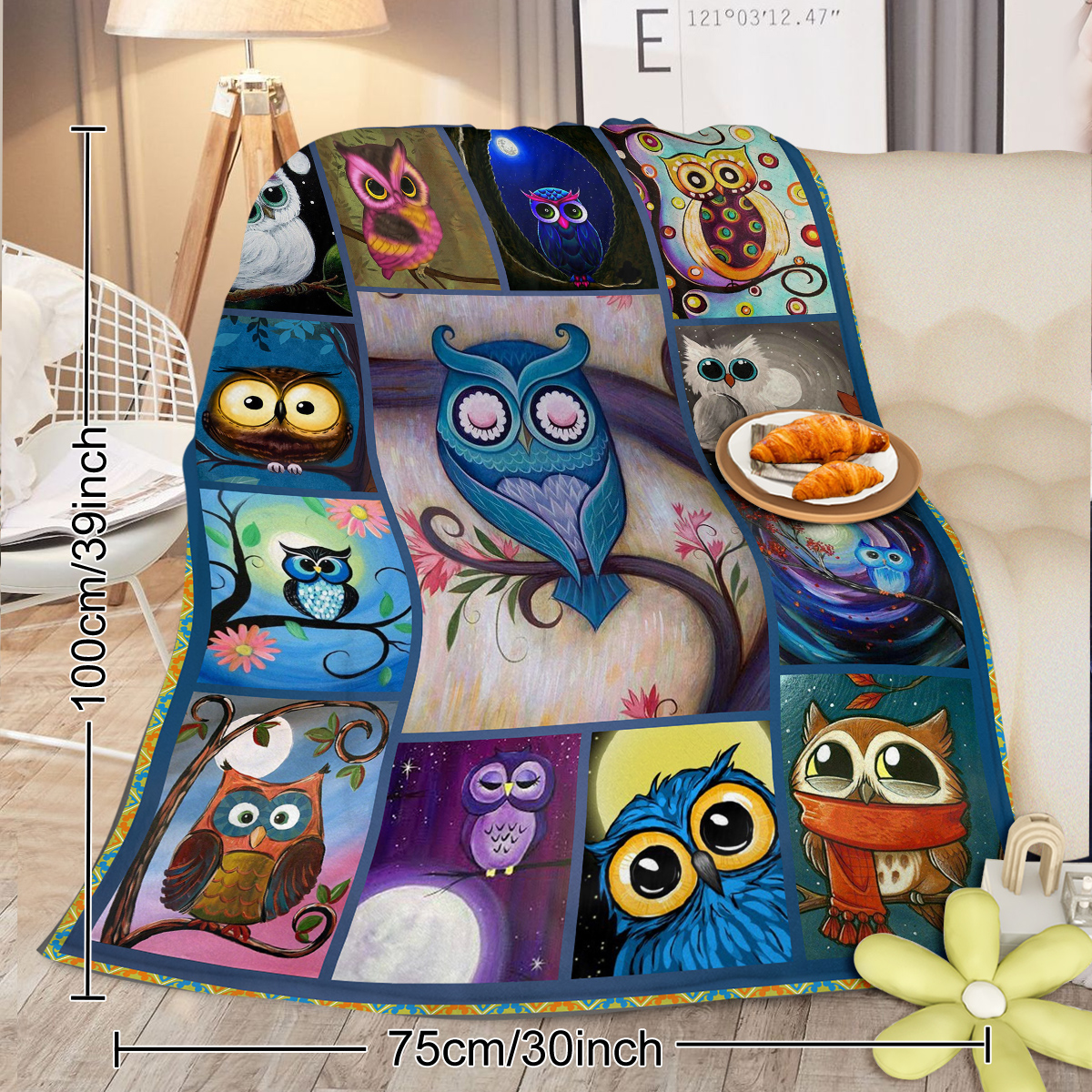 Moon Owl Flannel Throw Blanket Cozy Fuzzy Warm Flannel Blanket Cute Night Owl Blanket Soft Plush Throw Blanket for Owl Lovers 30*40 Inches 50*60 Inches