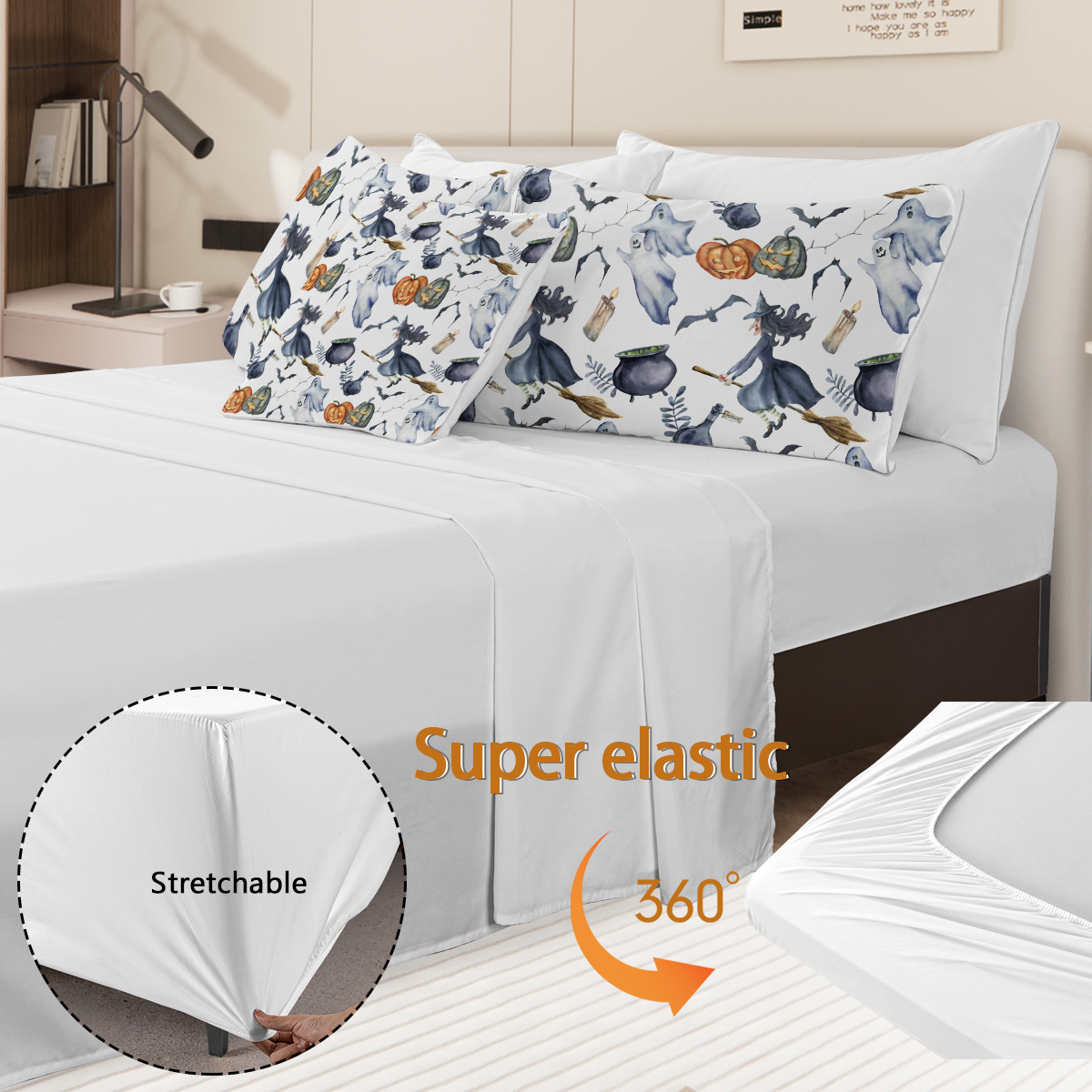 8PCS Halloween Comforter Set Twin Full Queen King, Witch Pattern Bed in A Bag Bedding with Comforter Sheet Sham - 1 Comforter, 2 Pillow Shams, 1 Flat Sheet, 1 Fitted Sheet, 1 Cushion Cover, 2 Pillowcases
