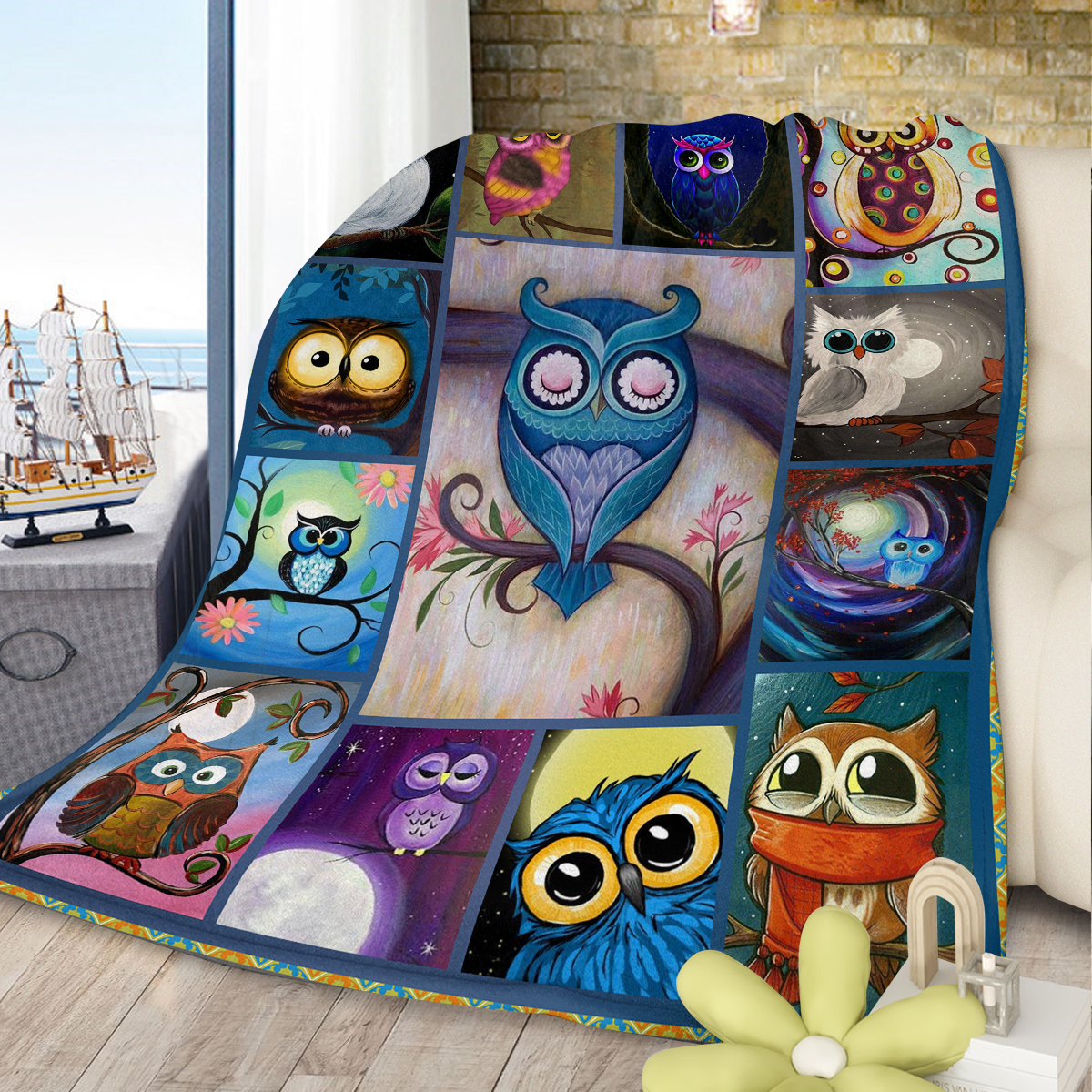 Moon Owl Flannel Throw Blanket Cozy Fuzzy Warm Flannel Blanket Cute Night Owl Blanket Soft Plush Throw Blanket for Owl Lovers 30*40 Inches 50*60 Inches