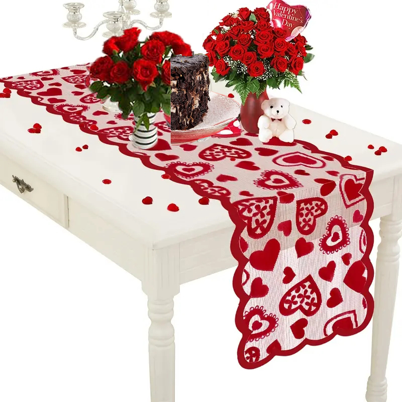1pc Valentines Day Decorations Table Runner, 13 X 72 Inch Lace Heart Table Runner For Wedding Party