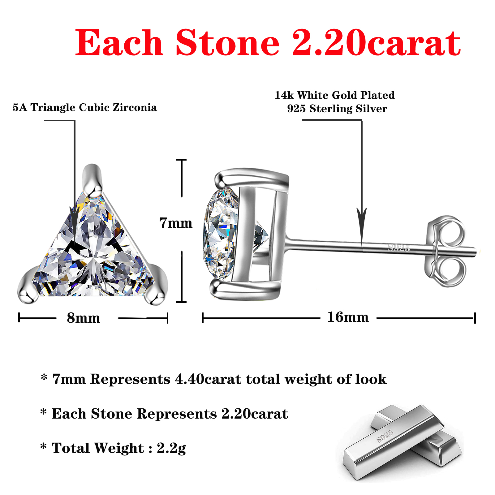 Emma Manor White Gold Plated Triangle Cubic Zirconia Stud Earrings for Women