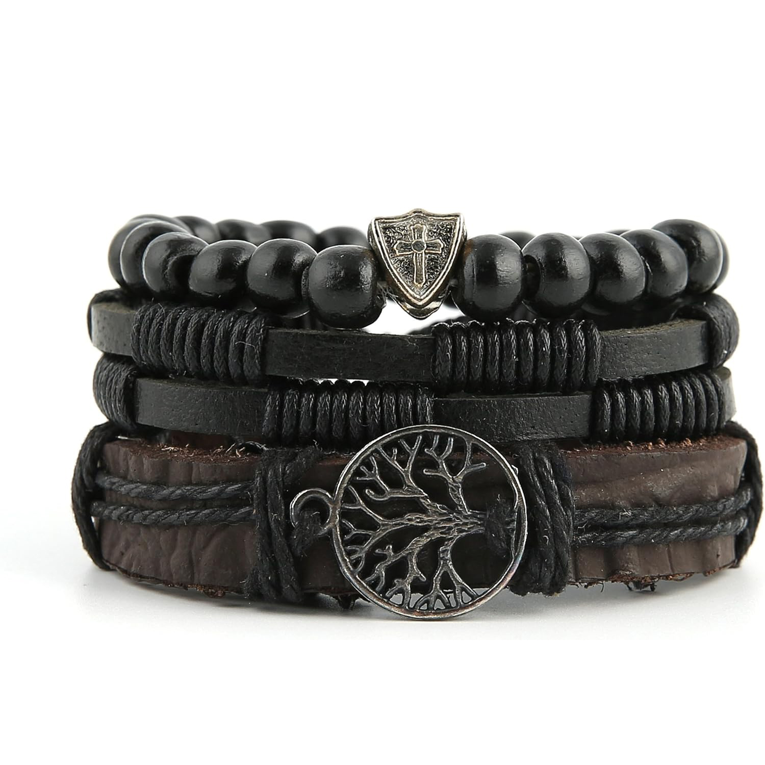 1 set Genuine Leather Tree of life Bracelets Men Women, Tiger Eye Natural Stone Lava Rock Beads Ethnic Tribal Elastic Bracelets Wristbands, Jewelry for Men Teen Boys Gifts Birthday Christmas Anniversary Father Day Gifts for Him