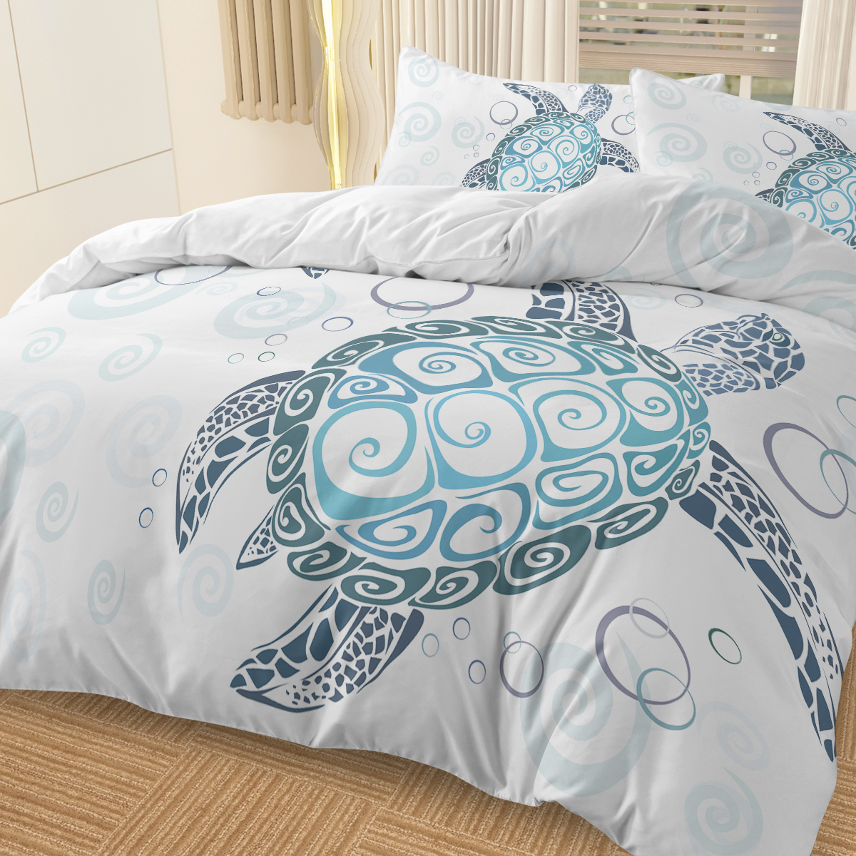 Sea Turtle Duvet Set Aqua Teal Blue Bedding Sets Beach Turtle Bed Sets Ocean 3 Piece Turtle Themed Duvet Cover with 2 Pillowcases Twin Full Queen King