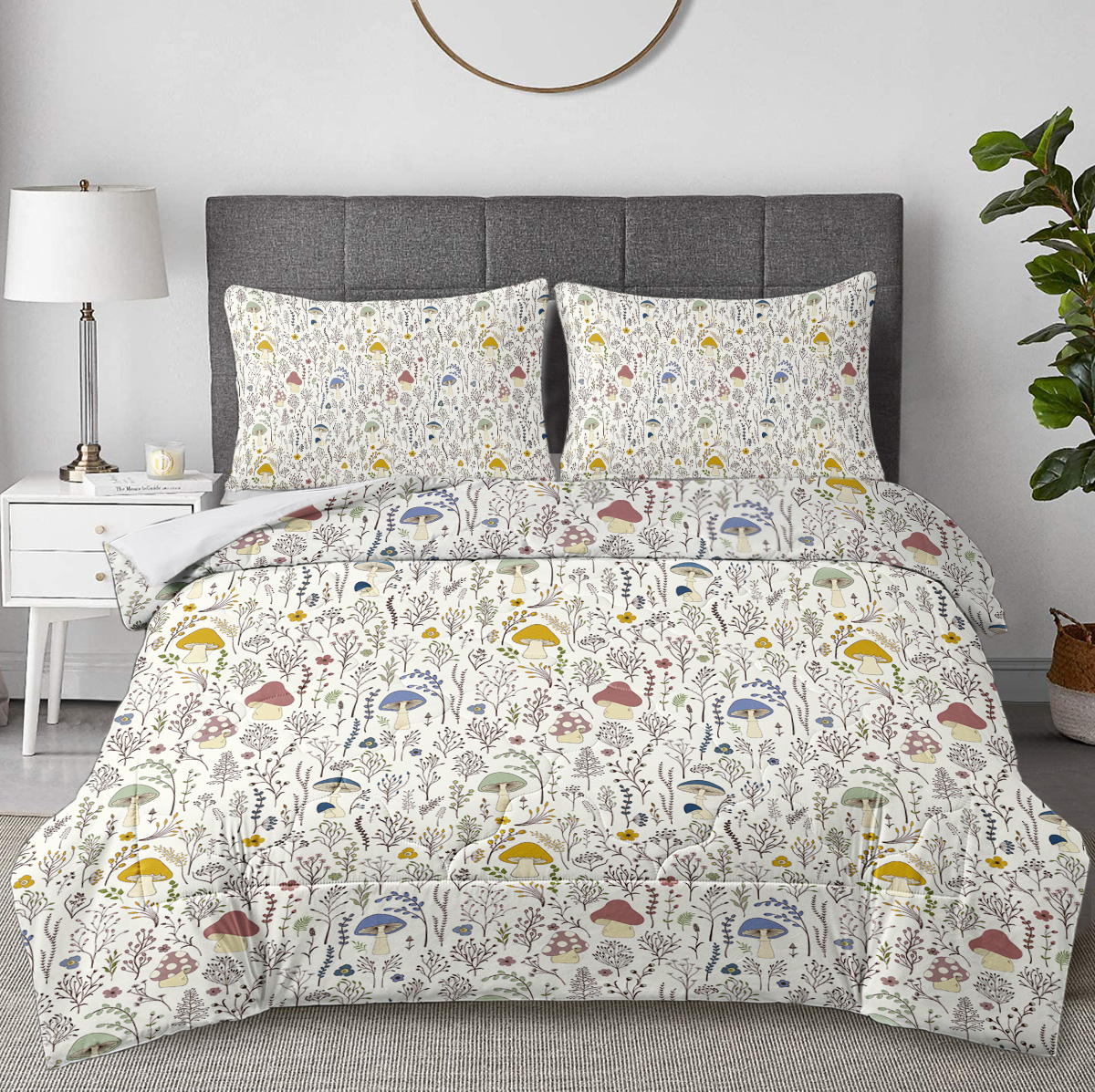 Mushroom Comforter Set 3 Piece, Colorful Mushroom Decor Twin Bedding with Plants and Flowers, Aesthetic Cute Mushroom Room Decor Comforter for Kids Adults Boys Girls, Twin, Cream