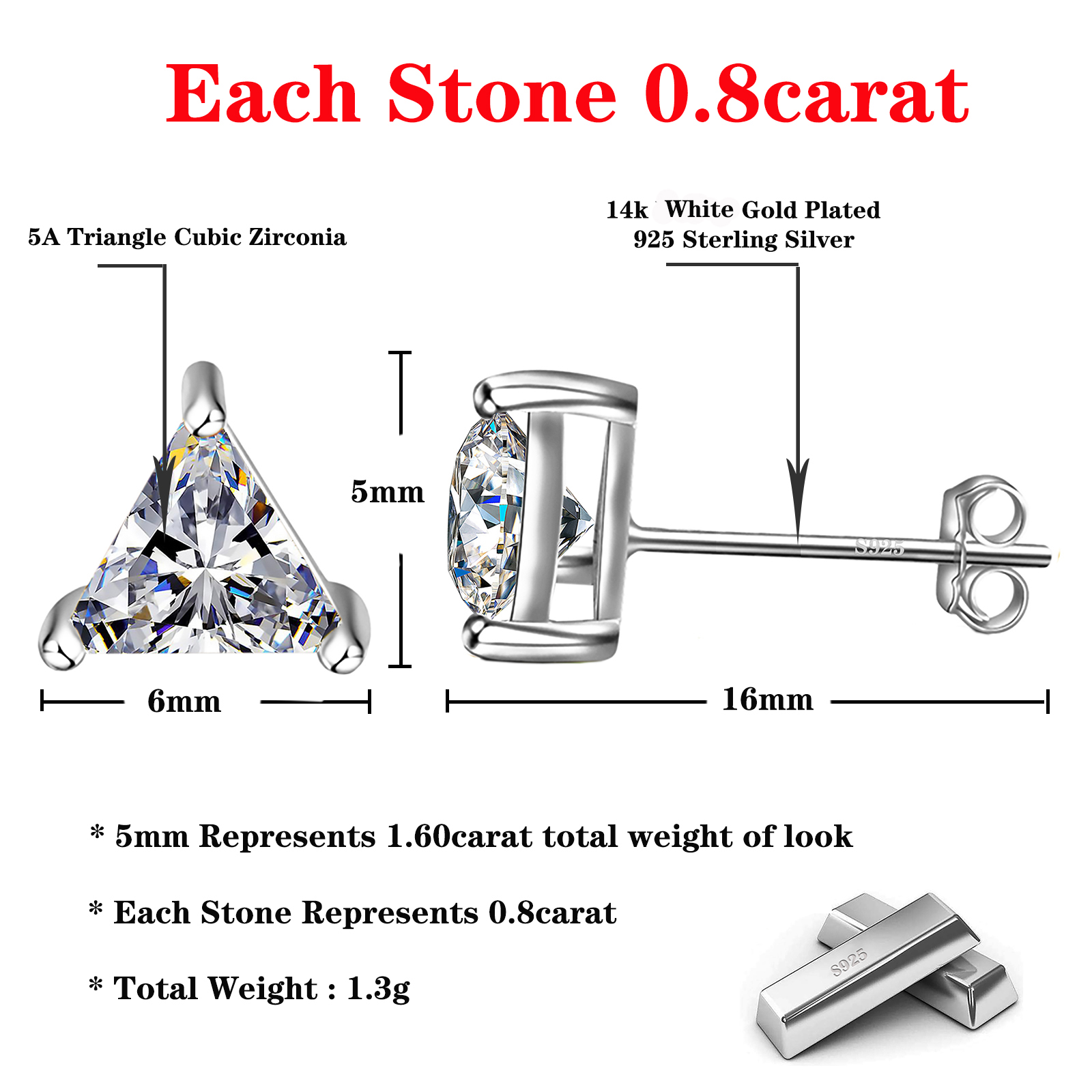 Emma Manor White Gold Plated Triangle Cubic Zirconia Stud Earrings for Women