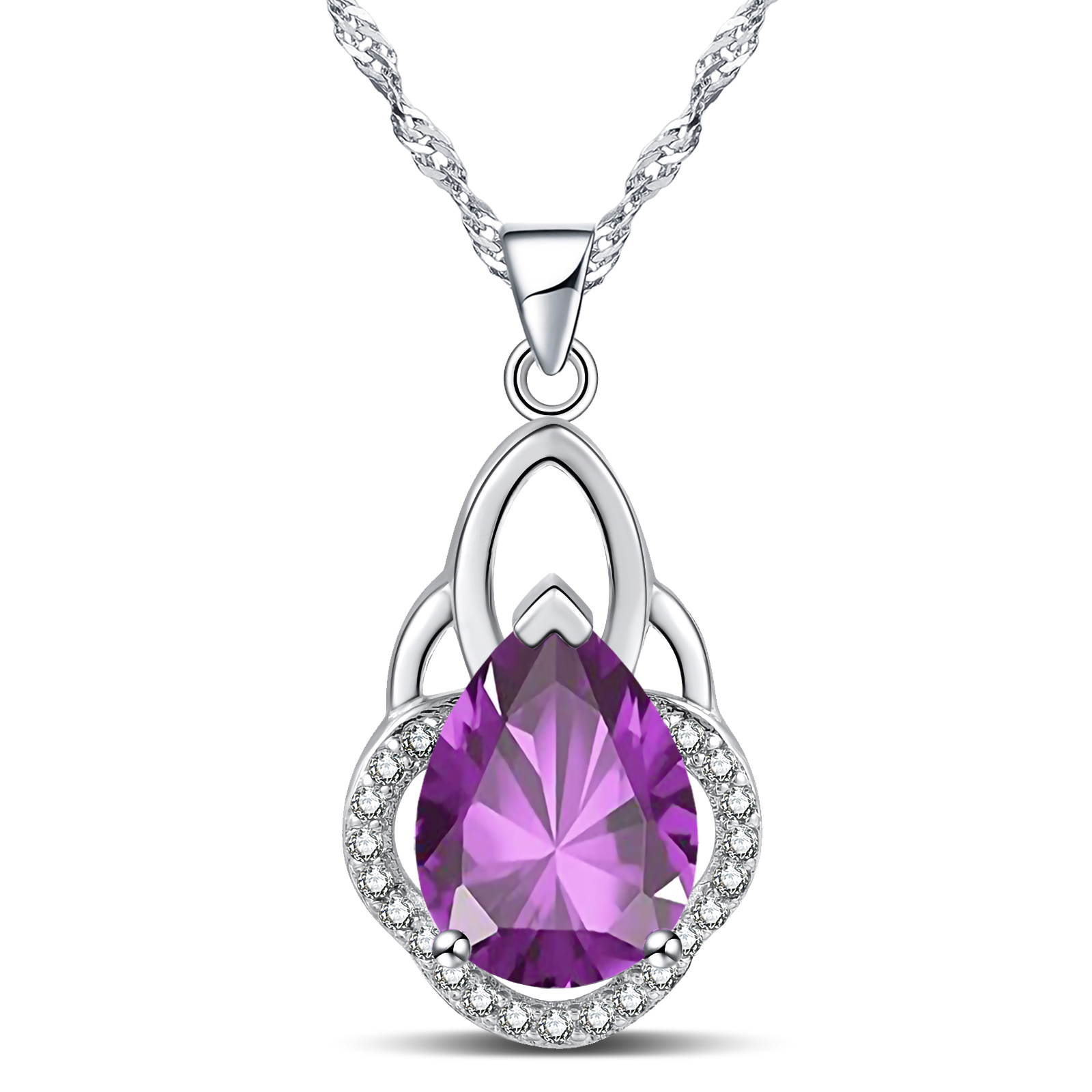 Emma Manor 14k White Gold Plated 5A Pear Shape Cubic Zirconia Crown Pendant Necklace for Women