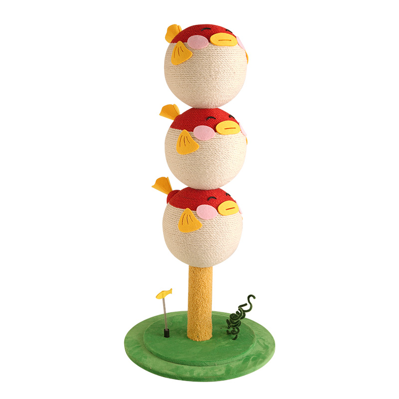 Cute puffer fish-shaped cat climbing frame, three-tier climbing tower with base, indoor cat scratching post climbing frame with vertical claw interactive cat toy, suitable for cats of all