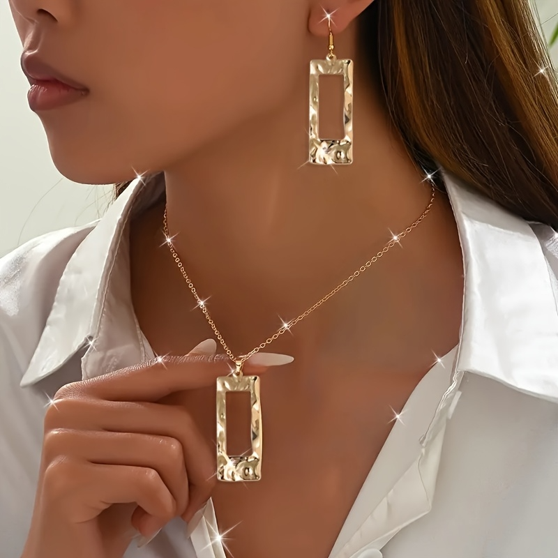 Lxalry Gold-Toned Hammered Geometric Jewelry Set, Recycled Alloy Necklace &amp; Earrings For Women, Eco-Friendly Hypoallergenic Accessories For Daily Party Formal