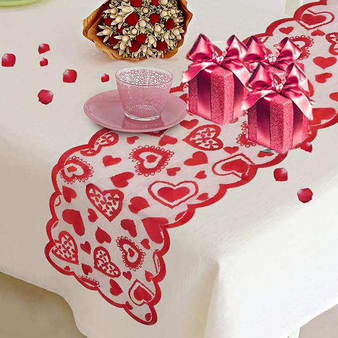 1pc Valentines Day Decorations Table Runner, 13 X 72 Inch Lace Heart Table Runner For Wedding Party
