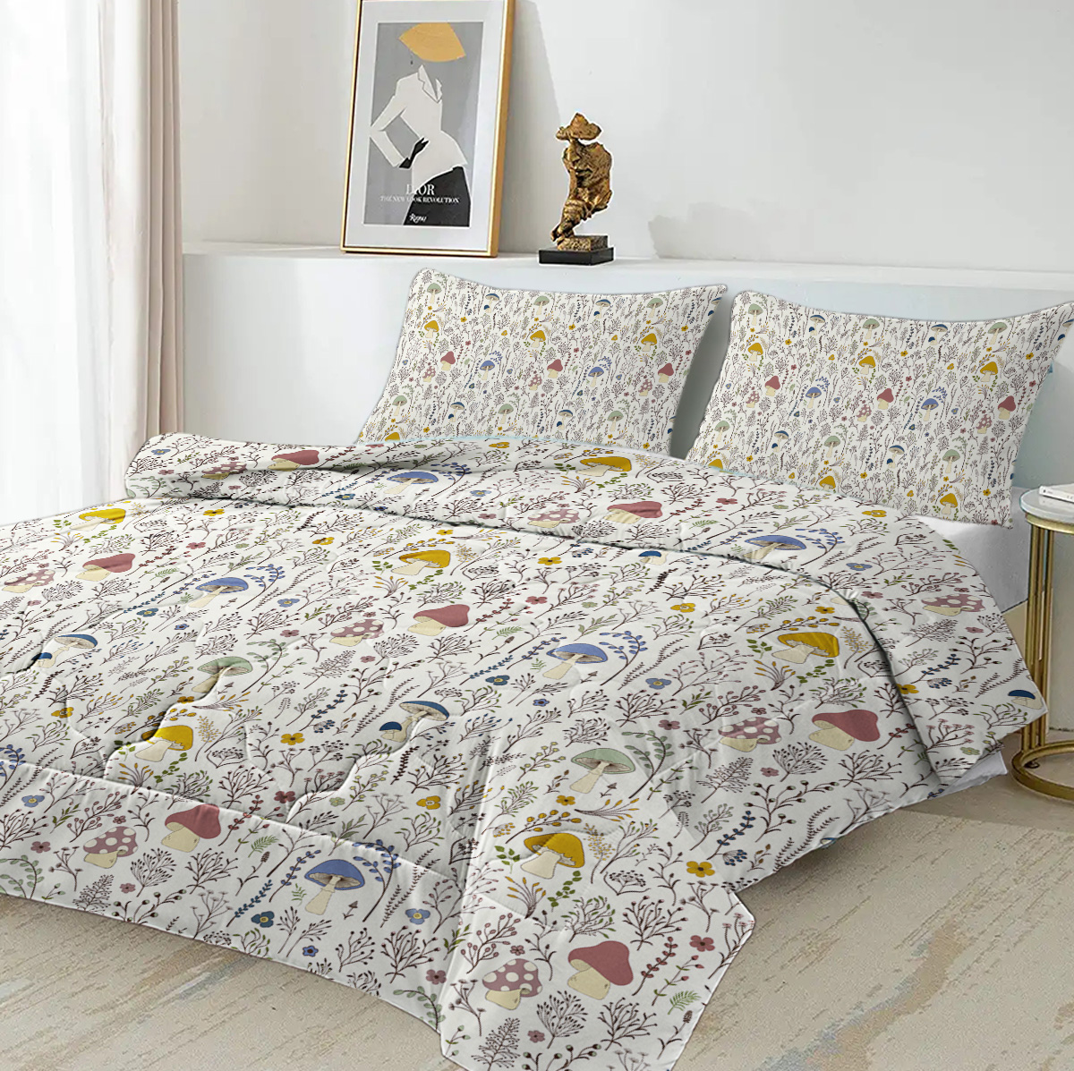 Mushroom Comforter Set 3 Piece, Colorful Mushroom Decor Twin Bedding with Plants and Flowers, Aesthetic Cute Mushroom Room Decor Comforter for Kids Adults Boys Girls, Twin, Cream