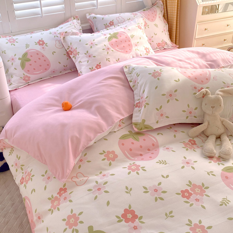 3 Pieces Pink Strawberry Duvet Cover Set for Boys Girls Soft Floral Bedding Set - 1 Duvet Cover and 2 Pilowcases