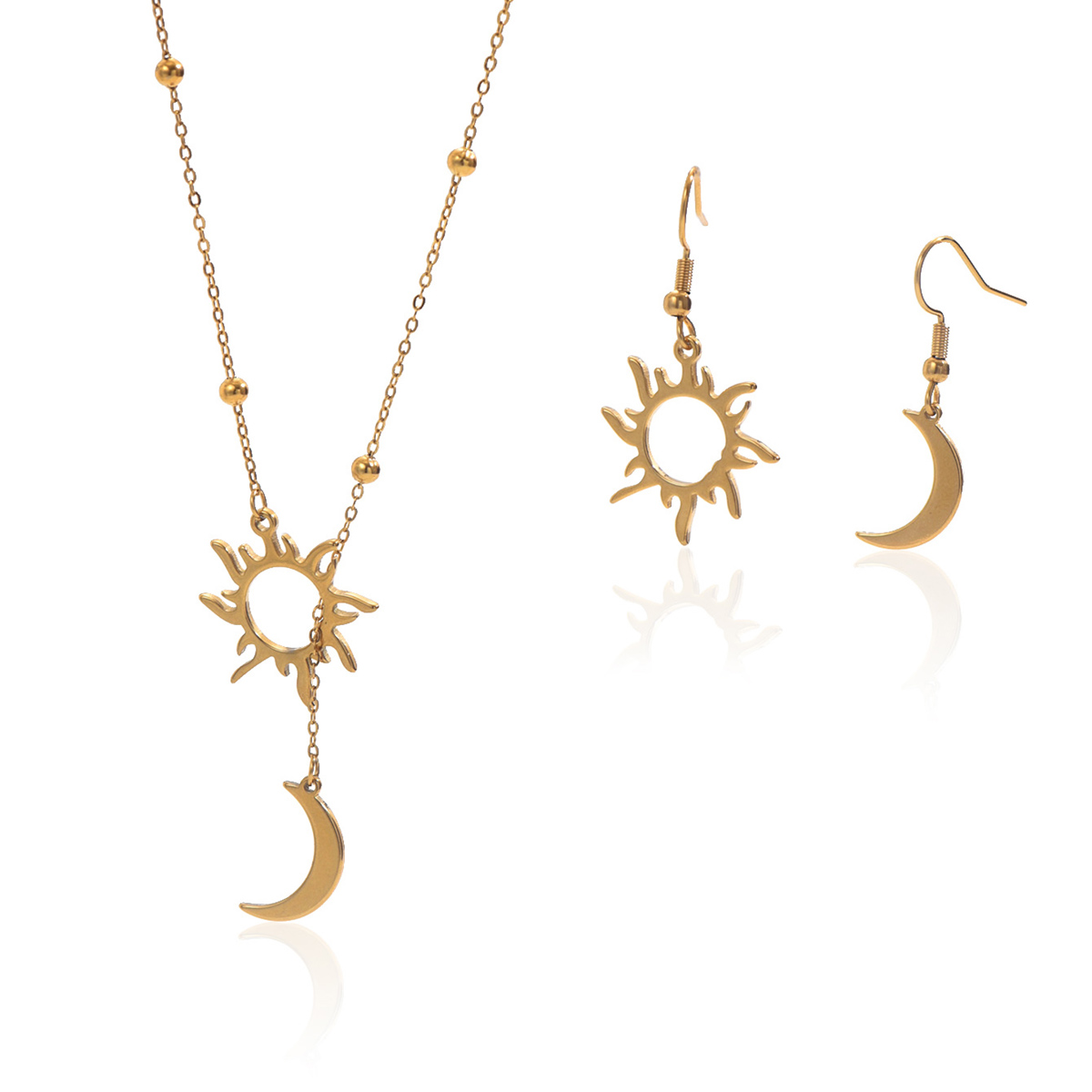 Lxalry 18K Gold Plated Sun &amp; Moon Jewelry Set, Mirror Polish Hypoallergenic Necklace &amp; Earrings for Daily/Evening, Never-Fade Luxury Gift with Celestial Symmetry