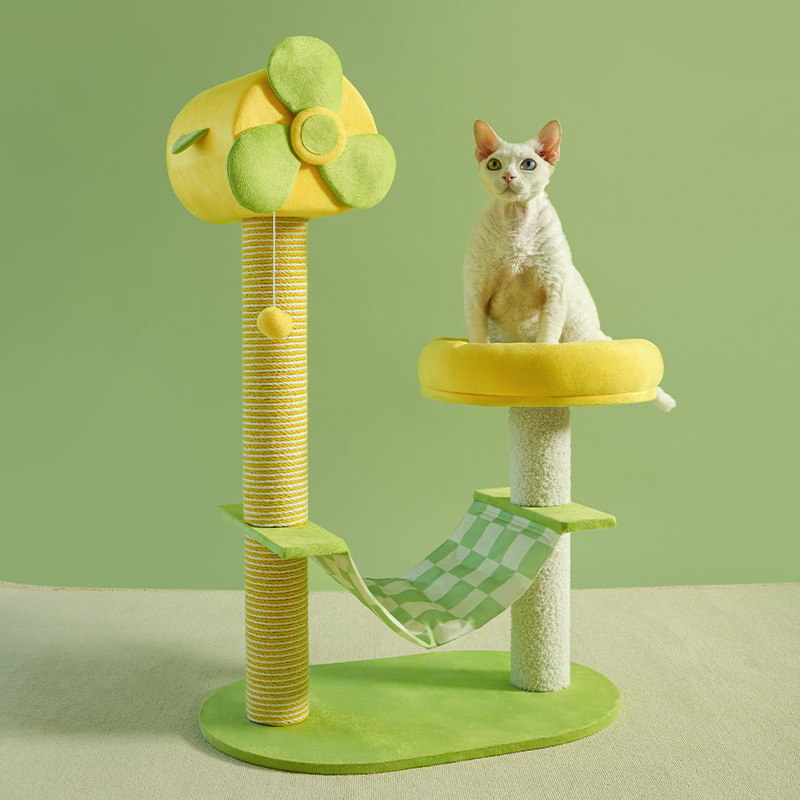 Cat climbing frames and multi-level cat towers with durable scratching posts, comfortable and fun jumping platforms, hanging toys, viewing perches, removable pet gel pads, and hammocks.