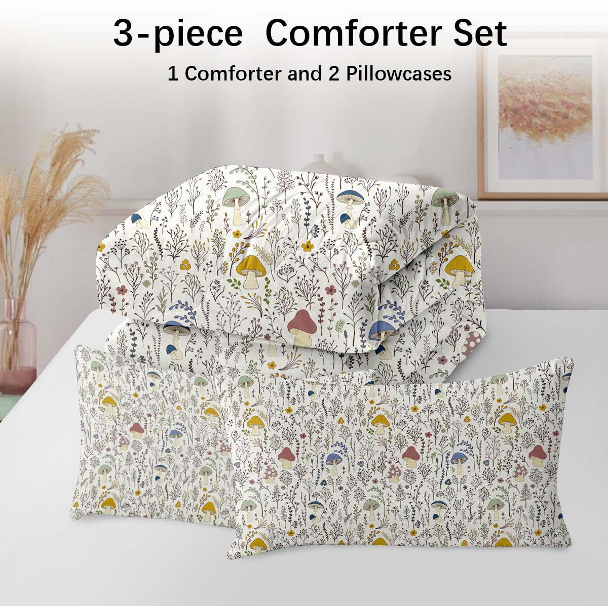 Mushroom Comforter Set 3 Piece, Colorful Mushroom Decor Twin Bedding with Plants and Flowers, Aesthetic Cute Mushroom Room Decor Comforter for Kids Adults Boys Girls, Twin, Cream