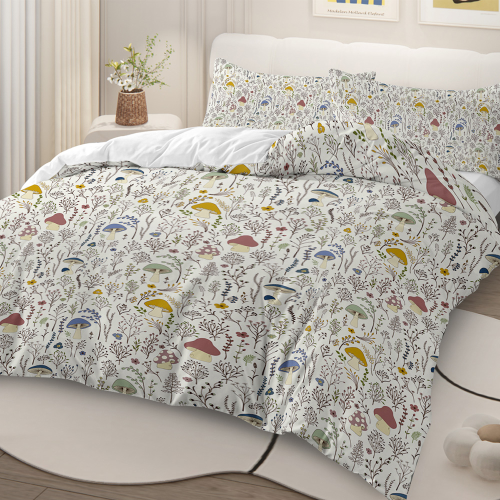 Colorful Mushroom Duvet Cover - Soft Mushroom Bedding Set with Wild Plants and Flower 3 Piece Aesthetic Mushroom Bed Set for Woman Adult Girls Boys (Queen, Cream)