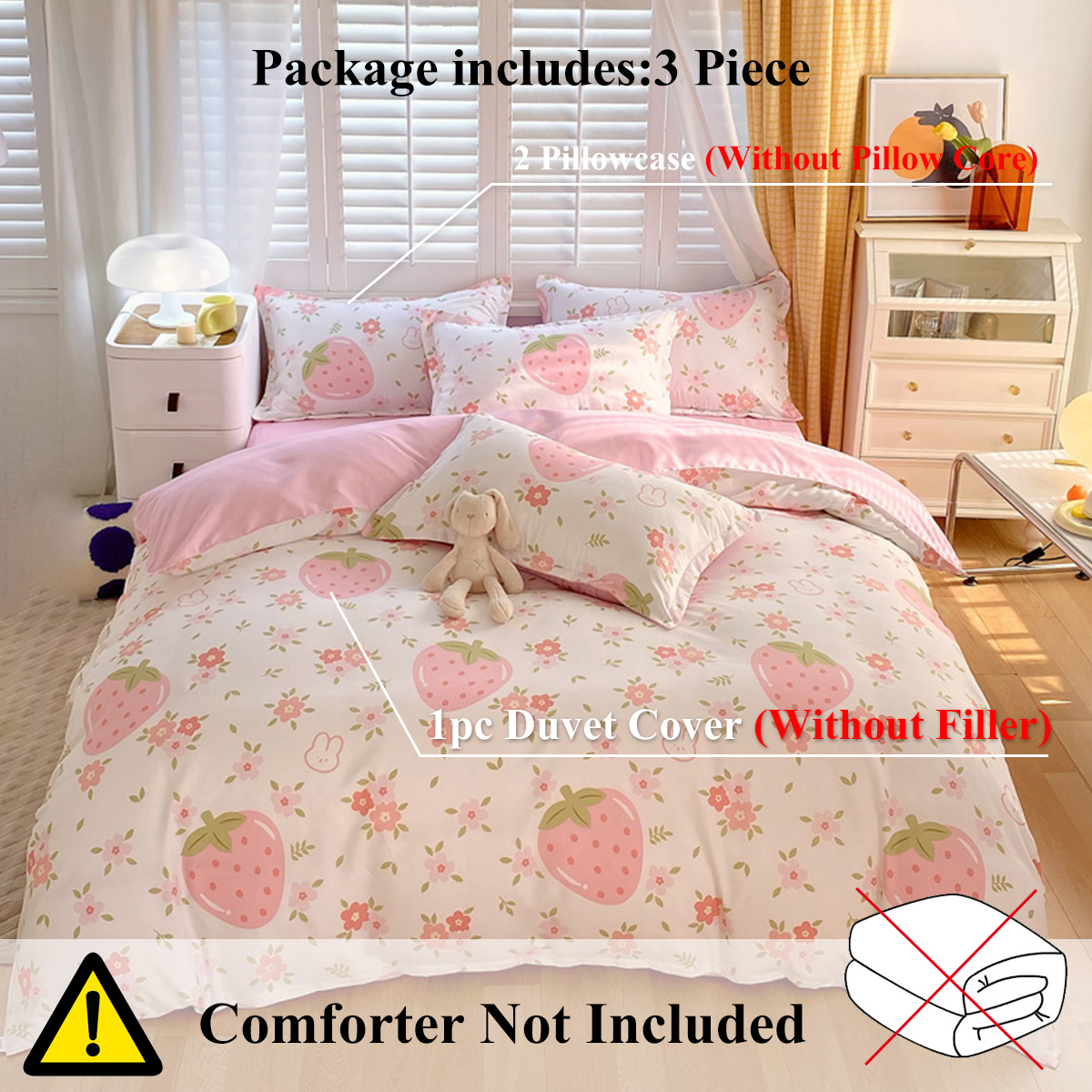 3 Pieces Pink Strawberry Duvet Cover Set for Boys Girls Soft Floral Bedding Set - 1 Duvet Cover and 2 Pilowcases