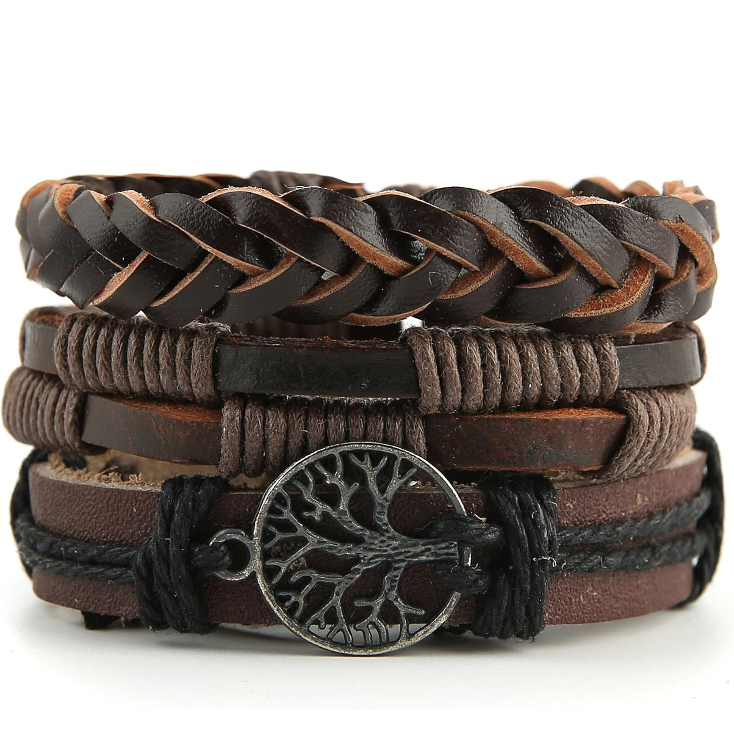 1 set Genuine Leather Tree of life Bracelets Men Women, Tiger Eye Natural Stone Lava Rock Beads Ethnic Tribal Elastic Bracelets Wristbands, Jewelry for Men Teen Boys Gifts Birthday Christmas Anniversary Father Day Gifts for Him