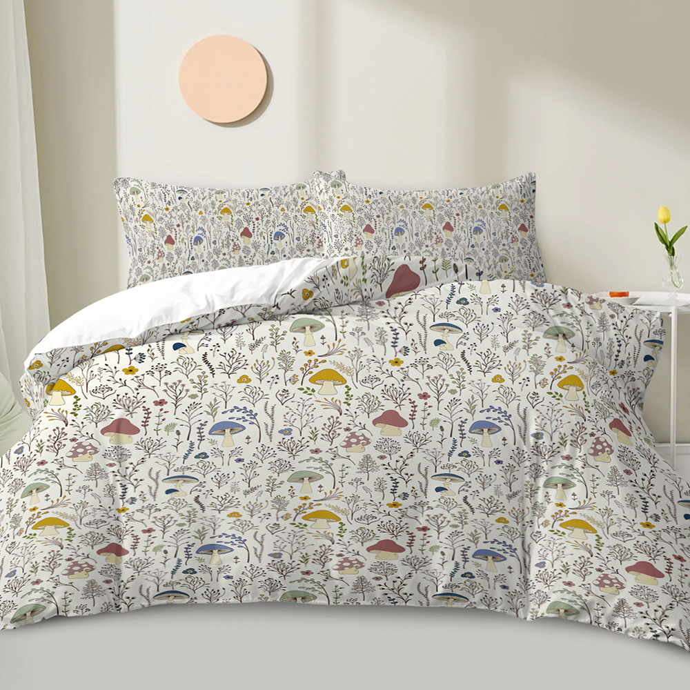 Colorful Mushroom Duvet Cover - Soft Mushroom Bedding Set with Wild Plants and Flower 3 Piece Aesthetic Mushroom Bed Set for Woman Adult Girls Boys (Queen, Cream)