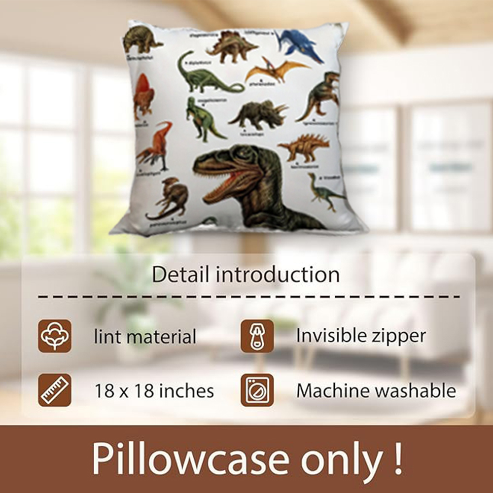 Wild Dinosaurs Throw Pillow Covers - Fauna Dinosaur Pillow Case Tyrannosaurus Brachiosaurus Dino Pillowcase Square 18"x18" for Boys Room Home Decor
