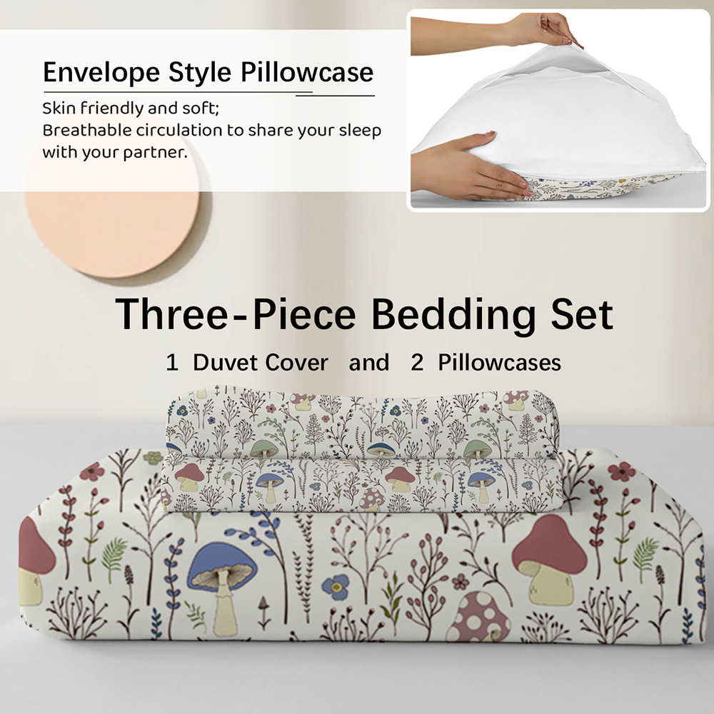 Colorful Mushroom Duvet Cover - Soft Mushroom Bedding Set with Wild Plants and Flower 3 Piece Aesthetic Mushroom Bed Set for Woman Adult Girls Boys (Queen, Cream)