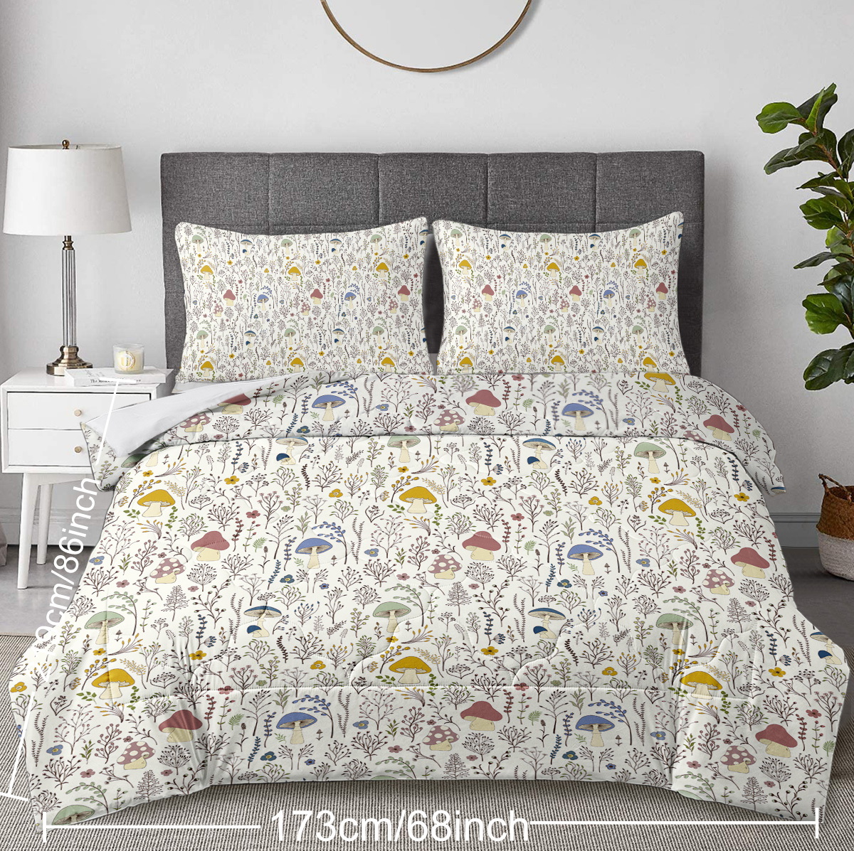 Mushroom Comforter Set 3 Piece, Colorful Mushroom Decor Twin Bedding with Plants and Flowers, Aesthetic Cute Mushroom Room Decor Comforter for Kids Adults Boys Girls, Twin, Cream