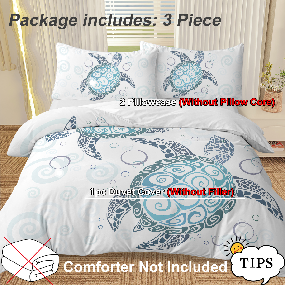 Sea Turtle Duvet Set Aqua Teal Blue Bedding Sets Beach Turtle Bed Sets Ocean 3 Piece Turtle Themed Duvet Cover with 2 Pillowcases Twin Full Queen King