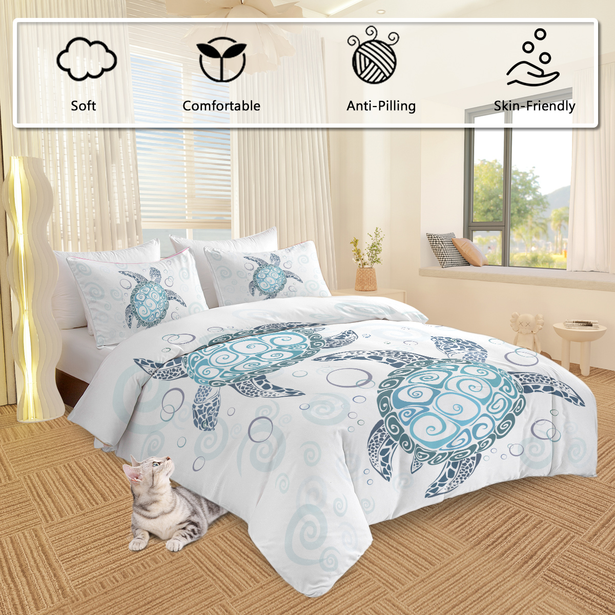 Sea Turtle Duvet Set Aqua Teal Blue Bedding Sets Beach Turtle Bed Sets Ocean 3 Piece Turtle Themed Duvet Cover with 2 Pillowcases Twin Full Queen King