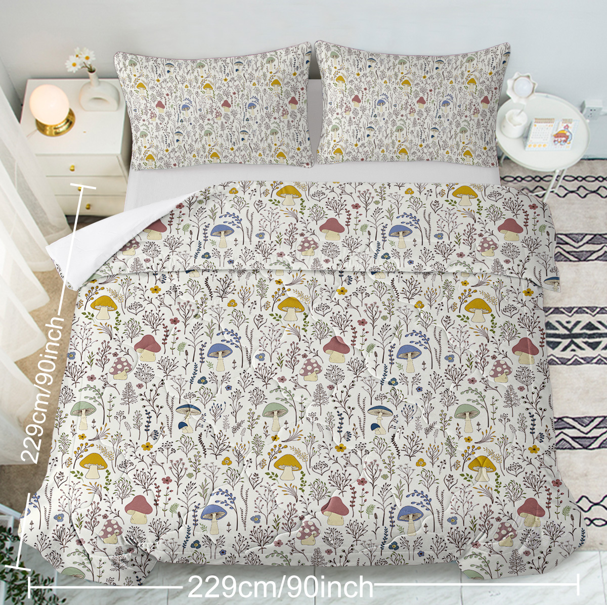 Colorful Mushroom Duvet Cover - Soft Mushroom Bedding Set with Wild Plants and Flower 3 Piece Aesthetic Mushroom Bed Set for Woman Adult Girls Boys (Queen, Cream)