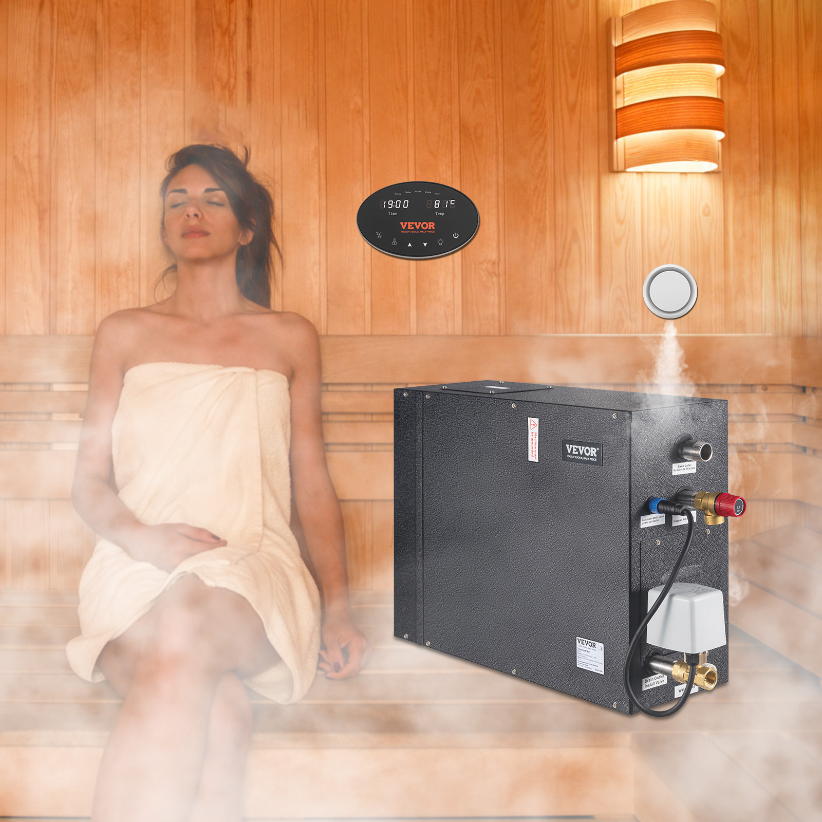VEVOR Steam Shower Generator, 10.5 kW, Segmented Heating &amp; Temperature Customization &amp; 24h Timer Steam Bath Kit, Automatic Drainage Luxury Home Steam Shower System, Acrylic Room Max. 355 Cu. Ft.