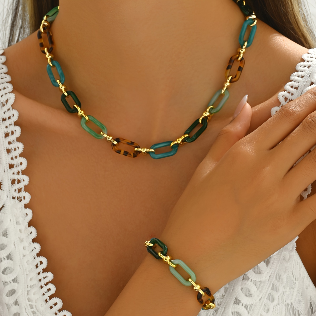 Lxalry Handmade Multi-Color Resin Jewelry Set, Adjustable Gold Metal Chain Necklace & Bracelet For Women, Boho Modern Accessories For Daily Formal Stacking (Non-Tarnish Gift)